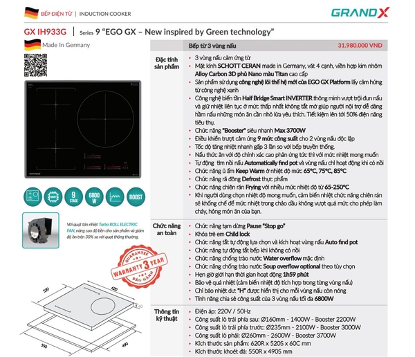 Bếp từ 3 vùng nấu Grandx GX IH933G nhập Đức Nano Carbon 3D - EGO GX