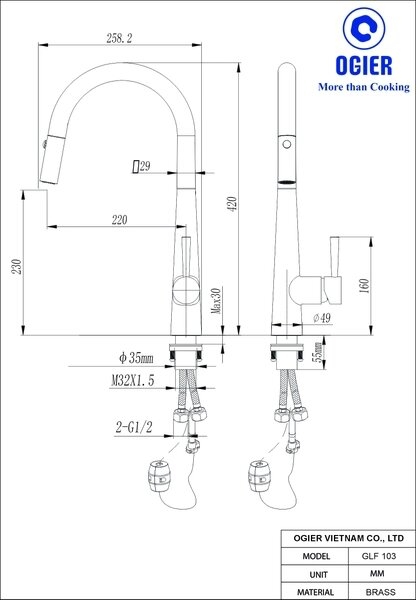 Vòi rửa bát dây rút nóng lạnh Ogier GLF 103