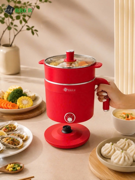 Nồi Lẩu Mini Arber DN05 Màu Đỏ 1.8 Lít Kèm Xửng Hấp