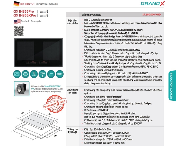 Bếp từ Grandx GX IH855XPro Series 8 nhập Malaysia - Kính Schott Ceran