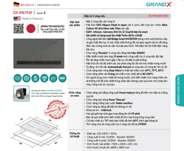 Bếp từ Grandx GX IP879JP nhập khẩu Malaysia - Kính NEG Nhật Bản