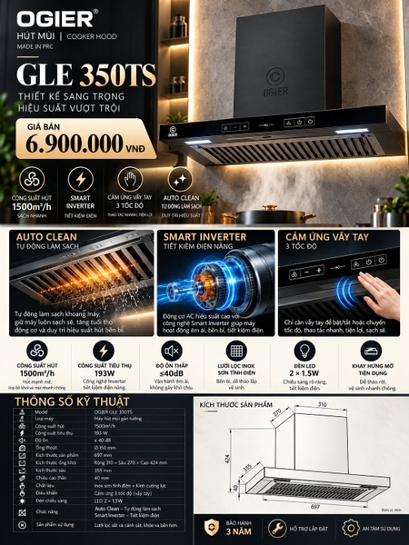 Máy hút mùi chữ T OGIER GLE 350TS Black