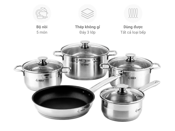 Bộ Nồi Arber RENI Inox 3 Đáy 5 Món
