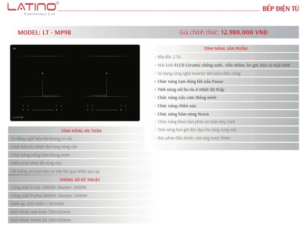 Bếp Từ Latino LT-MP98 - Inverter - Kính chống trầy xước