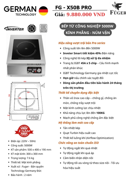 Bếp từ công nghiệp Fuger FG X50B PRO 5000W - Inverter 45%