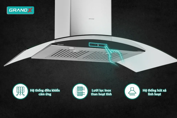 Máy hút mùi kính cong GrandX GX H70C55B – Công suất 980m³/h, cảm ứng Digital, siêu êm 48dB