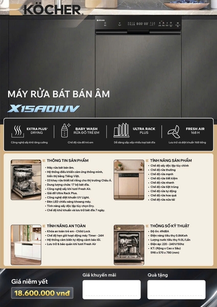Máy rửa bát bán âm KOCHER X15A01UV – Sức chứa 17 bộ