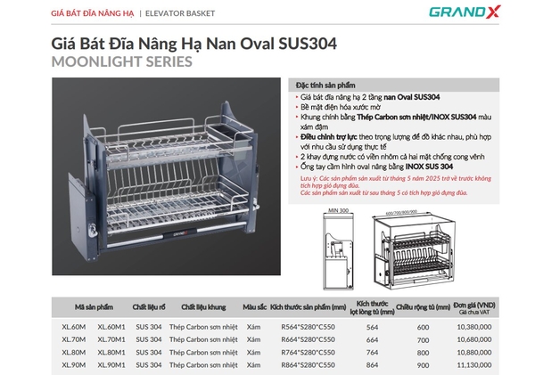 Giá Bát Đĩa Nâng Hạ GrandX XL.60M - XL.70M - XL.80M - XL.90M - Nan Oval Inox SUS304