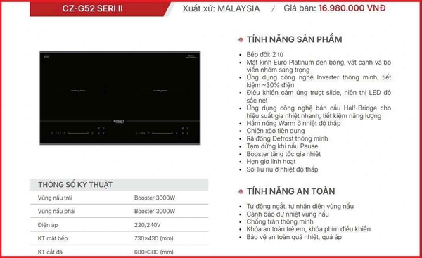 Bếp từ đôi Malaysia CZ-G52 SERI II