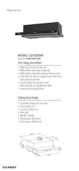 Máy Hút Mùi Canzy CZ H1370AT - Bản 2026 Smart thông minh