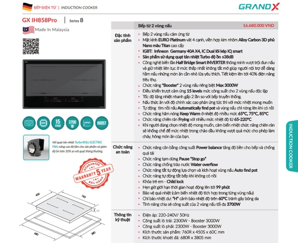 Bếp từ Grandx GX IH858Pro Series 8 Malaysia | Inverter Nấu Liu Riu