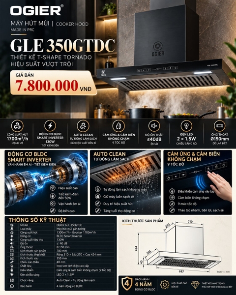 Máy hút mùi chữ T Ogier GLE 350GTDC - BLDC Smart Inverter