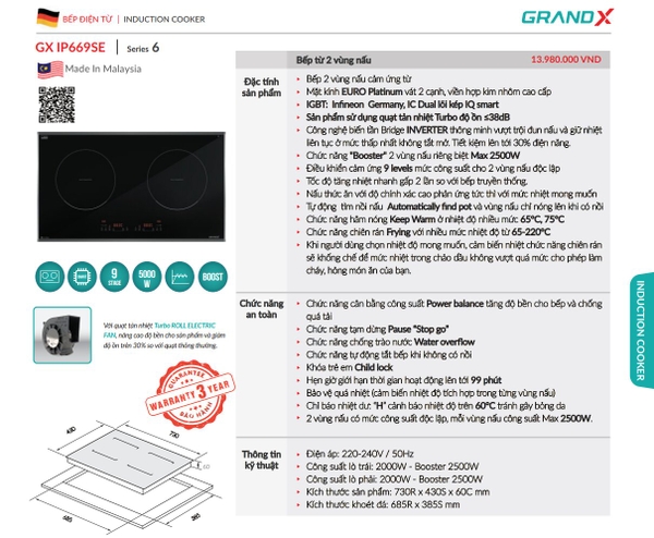 Bếp từ Grandx GX IP669SE Series 6 Malaysia - Bridge Inverter