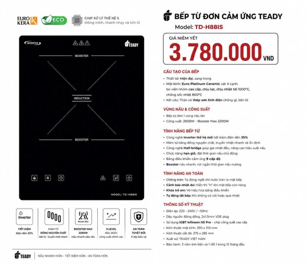 Bếp từ đơn Teady TD-H88IS – Inverter sôi liu riu