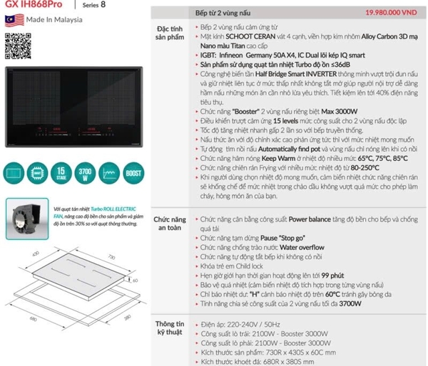 Bếp từ Grandx GX IH868XPro Series 8 nhập khẩu Malaysia | Kính Schott Ceran