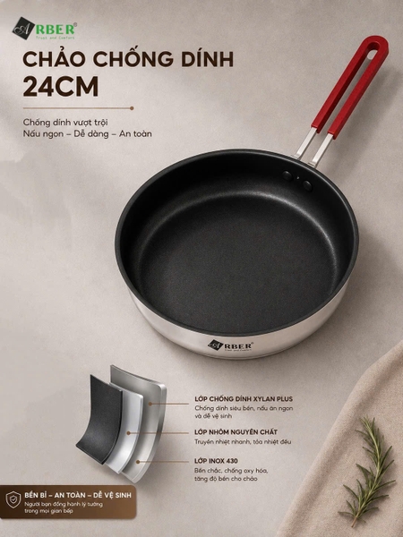 Bộ nồi inox ROSE Arber 4 món inox 304 kèm chảo chống dính
