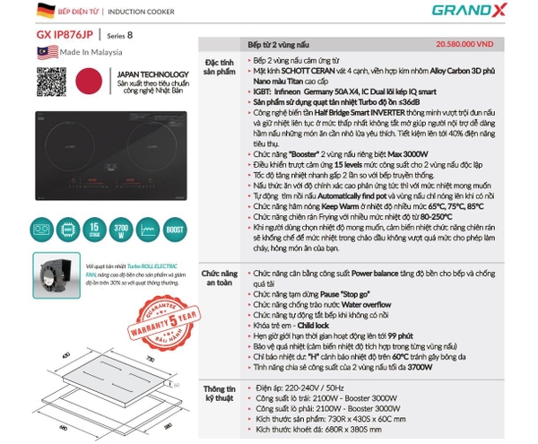 Bếp từ Grandx GX IP876JP Seri 8 - Bếp Nhật Bản - Kính Schott Ceran