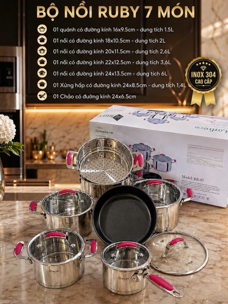 Bộ nồi inox 7 món RUBY Arber inox 304 kèm xửng hấp