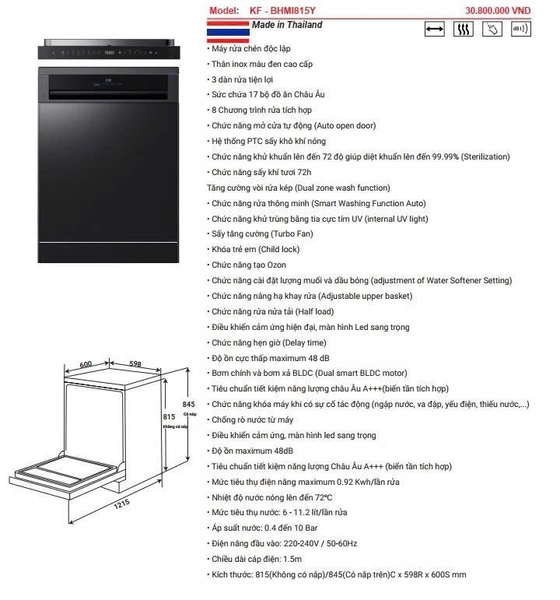 Máy Rửa bát KAFF KF BHMI815Y | Tặng máy hút mùi
