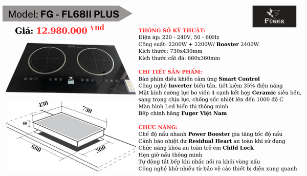 Bếp từ đôi Fuger FG FL68II Plus ( Bản mới ) Nấu nhanh, tiết kiệm điện, an toàn tuyệt đối