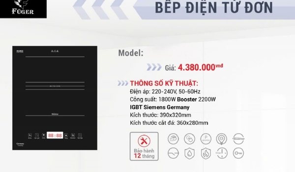 Bếp từ đơn âm Fuger FG 818A – Inverter tiết kiệm điện, Booster siêu nhanh