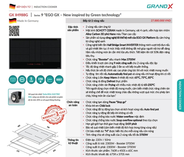 Bếp từ GrandX GX IH988G nhập Đức - Schott Ceran phủ Nano Titan
