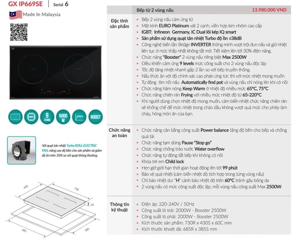Bếp từ đôi GrandX GX IP689SE Seri6 Malaysia - Smart Inverter 40%