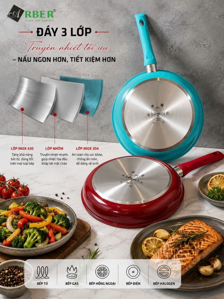 Chảo inox 3đáy chống dính lòng sâu AC30MX Arber 30cm