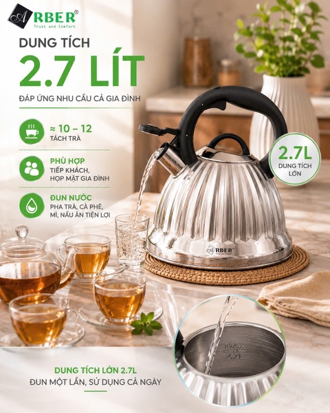 Ấm Đun Nước Arber AB2.7QT 2.7 Lít Inox 304