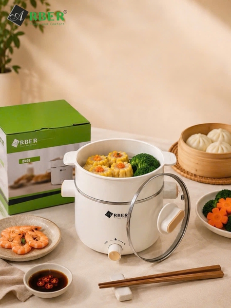 Nồi Lẩu Mini Arber DN06 Màu Trắng 1.5 Lít Kèm Xửng Hấp