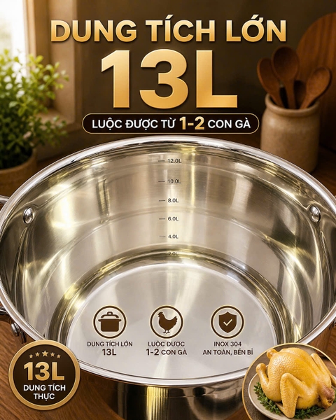 Nồi luộc gà AN30L Arber 13 lít inox 304 có xửng hấp