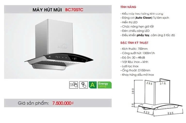Máy Hút Mùi Bauer BC 70STC - Tự làm sạch máy Auto Clean