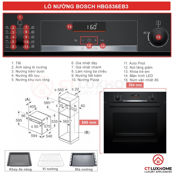Lò nướng 71L AutoPilot 10  Bosch HBG536EB3 Serie 6