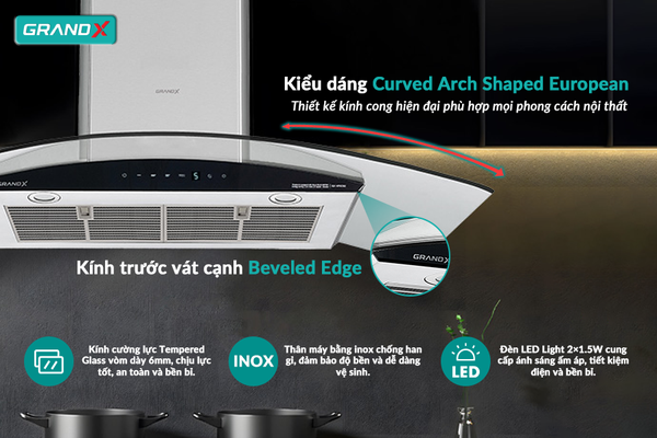 Hút mùi kính cong GrandX GX H90C62S - BLDC Smart