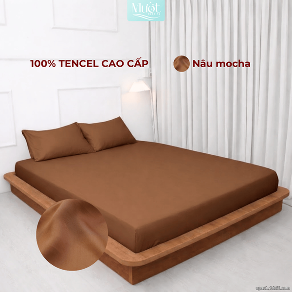 Bộ 3 món gối lụa 100% Tencel 60S trơn màu - Mướt Bedding, bộ 3 món cao cấp Nâu mocha 1m2x2m (Dày 35cm trở lên)