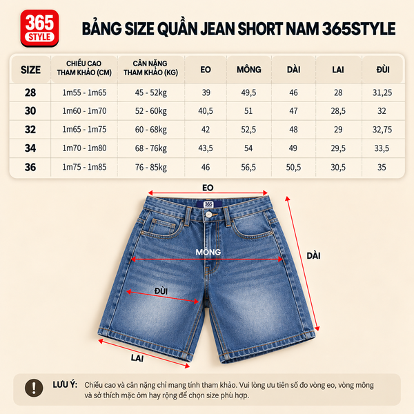 Quần short jean nam S002 365STYLE -SMST26S002