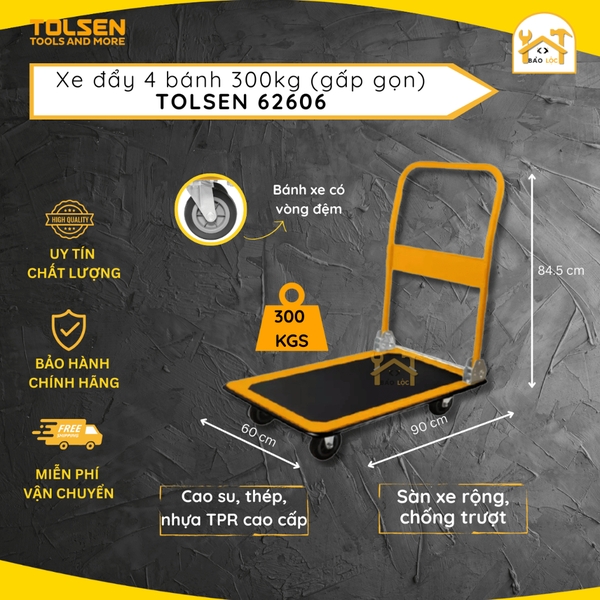 Xe đẩy Tolsen 62606 (300kg) Xe chở hàng khung thép chịu lực gấp gọn 90x60x85cm