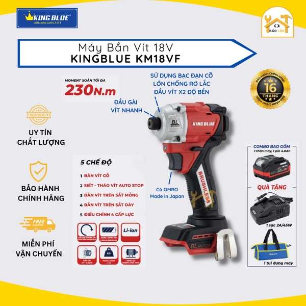 Máy bắn vít pin 18V KingBlue KM18VF lực siết 230Nm Máy siết vít 4 cấp chỉnh lực, chuyên vít bắn gỗ, sắt - Hàng chính hãn