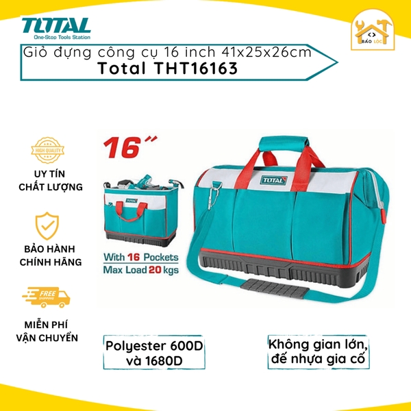 Giỏ đựng công cụ 16 inch TOTAL THT16163 , túi đựng đồ nghề 12 túi đựng dụng cụ, chất liệu 600D polyester dày dặn