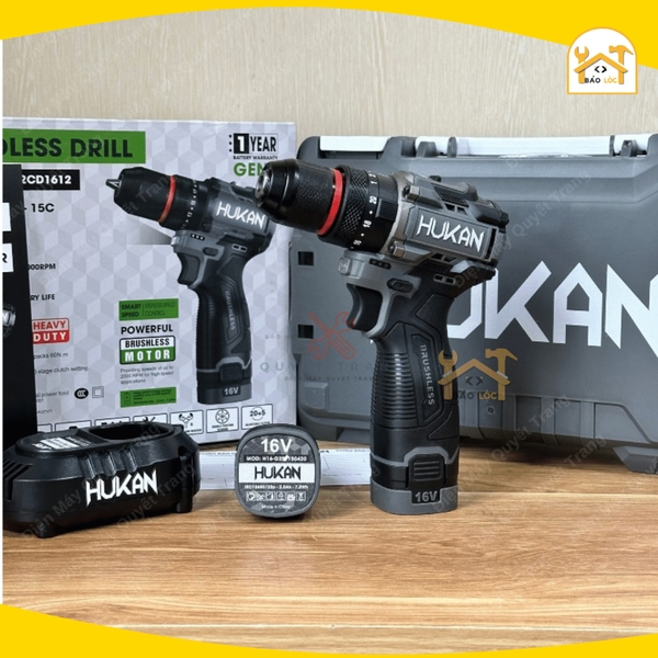 Máy khoan pin HUKAN H16-G2CD1612 Lực Siết 60N.m - Khoan pin 3 chức năng, Không chổi than, Đầu kẹp auto lock 10MM