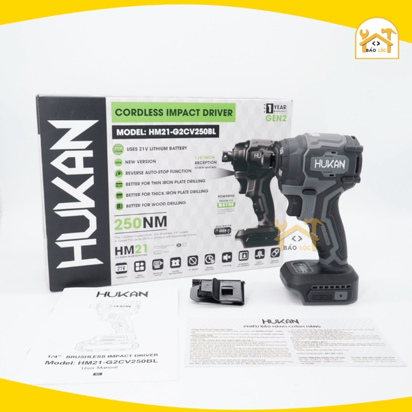 Máy chuyên vít pin Hukan HM21-G2CV250BL, Động cơ Không chổi than 250Nm, 4 Tốc độ