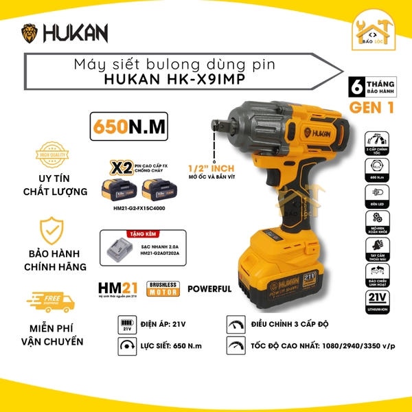 Máy siết bulong pin Hukan HK-X9IMP (Combo 2 pin + sạc) Lực siết 650Nm Động cơ Không Chổi Than siêu mạnh mẽ bền bỉ
