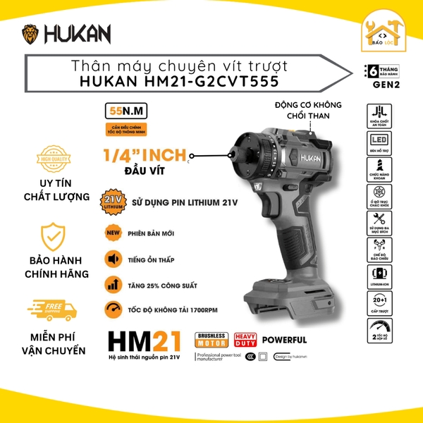 Máy chuyên vít trượt pin HUKAN HM21-G2CVT555, Động cơ Không chổi than, Lực siết 55Nm