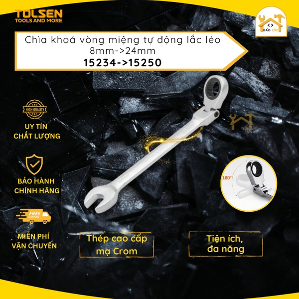 Chìa khóa , cờ lê vòng miệng tự động lắc léo Thép mạ Crom (8mm-24mm) Tolsen 15234 - 15250 - Hàng chính hãng.