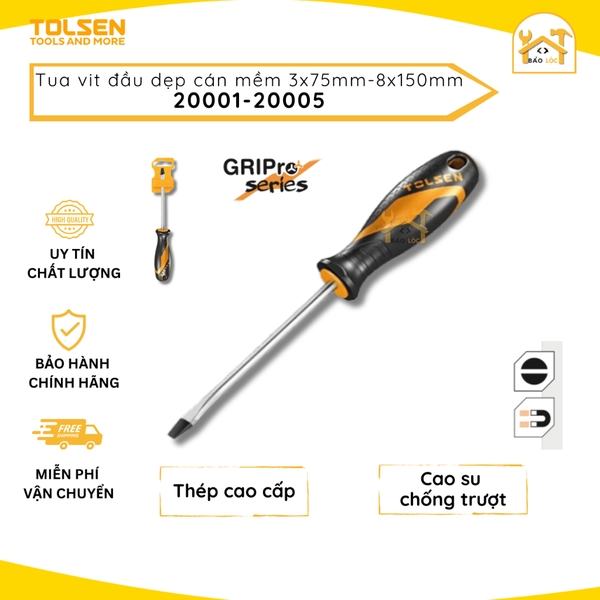 Tua vít cán mềm đầu dẹp 3.0x75mm - 8.0x150mm Tolsen 20001 - 20005 - Hàng chính hãng.