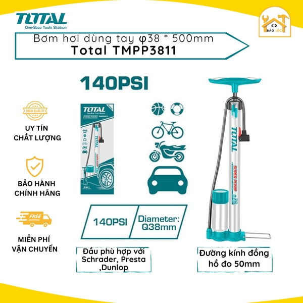 Bơm hơi dùng tay cao cấp có đồng hồ, kích thước φ38 * 500mm, 140 PSI Total TMPP3811 - Hàng chính hãng.