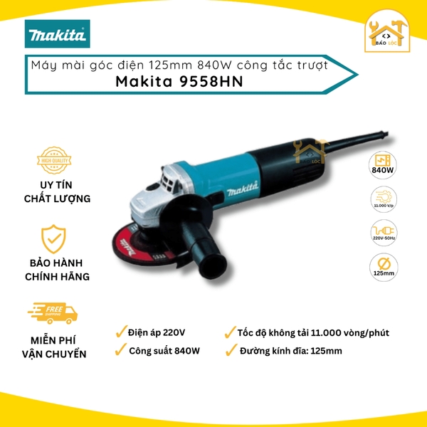 Máy Mài Makita 840W 9558HN, Lưỡi 110mm, Công Tắc Trượt, Mô Tơ Đồng, Đủ Phụ Kiện, Chính Hãng BH 6T