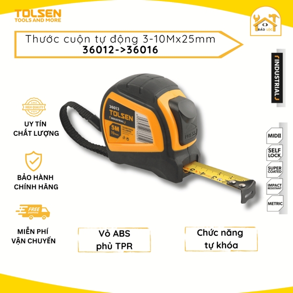 Thước cuộn tự hãm, khóa tự động 3-10Mx25mm TOLSEN 36012, 36013, 36014, 36015, 36016 - Chính hãng