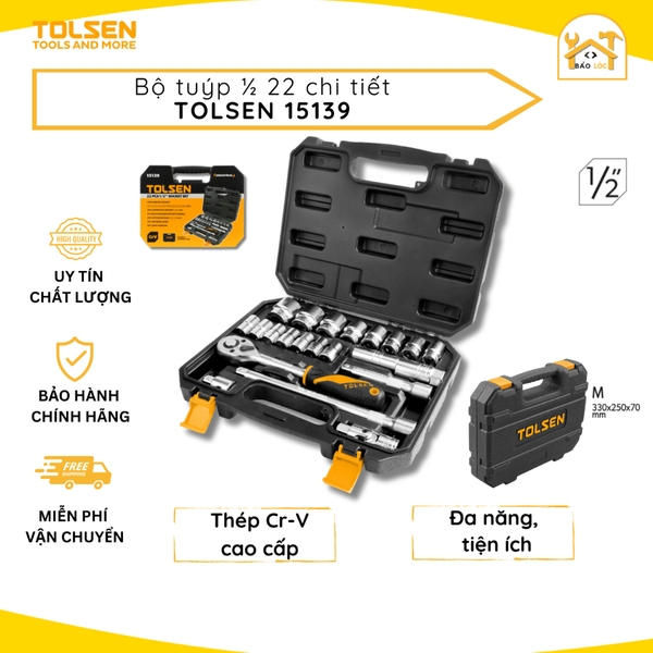 Bộ đầu tuýp 1/2, bộ đồ nghề sửa xe 22 chi tiết Tolsen 15139 - Hàng chính hãng