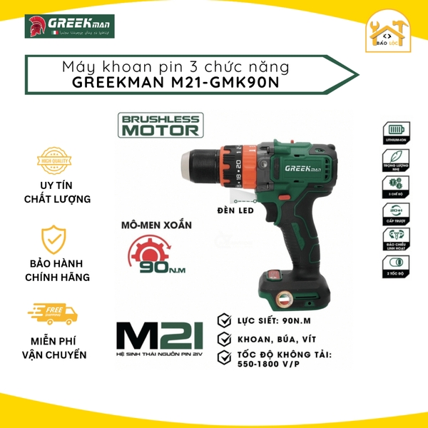 Máy khoan pin GREEK MAN M21-GMK90N , Lực siết 90NM, Chuyên khoan bê tông, khoan tường, sắt, gỗ, bắt vít